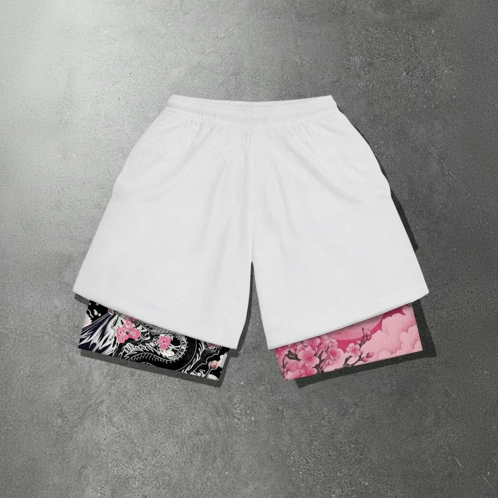 Anime Branch Print Drawstring Double Layer Casual Shorts