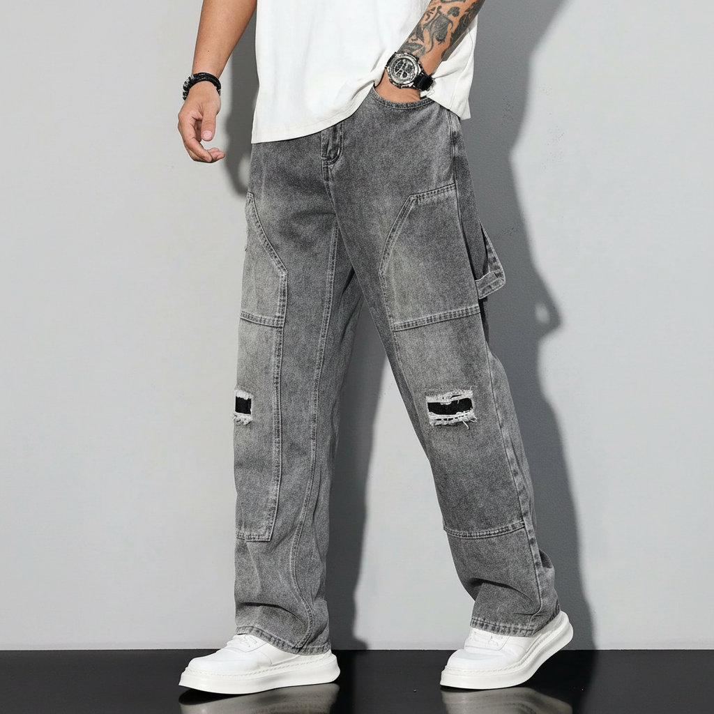 Simple Ripped Pocket Jeans Regular Fit Mid Rise For Men