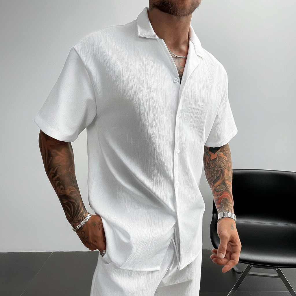 Solid Lightweight Linen Cuban Shirt And Drawstring Shorts Set For Men