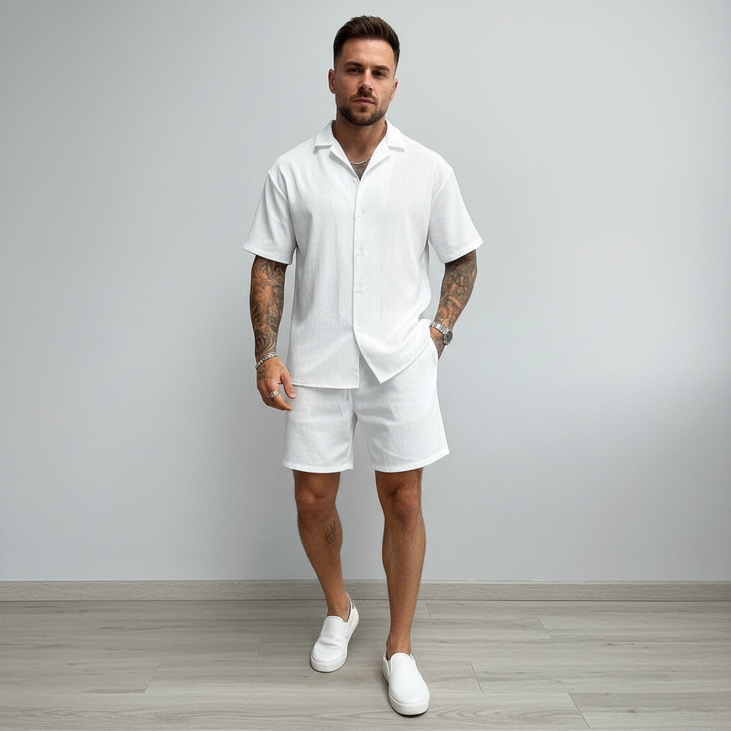 Solid Lightweight Linen Cuban Shirt And Drawstring Shorts Set For Men
