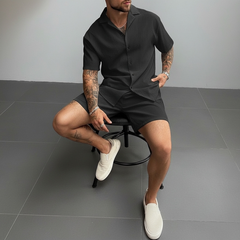 Solid Lightweight Linen Cuban Shirt And Drawstring Shorts Set For Men