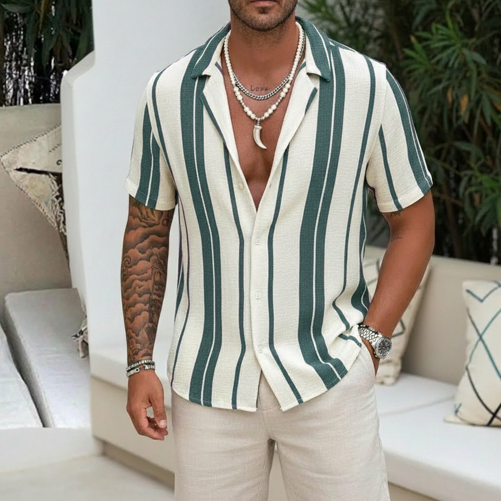 Colorblock Striped Short Sleeve Shirt Cotton Blend For Men
