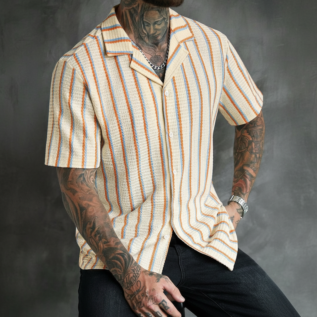 Striped Button Down Short Sleeve Loose Fit Shirt For Men