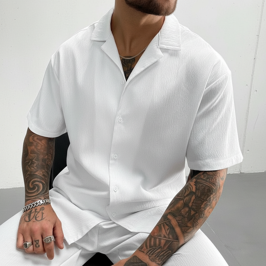 Solid Lightweight Linen Cuban Shirt And Drawstring Shorts Set For Men