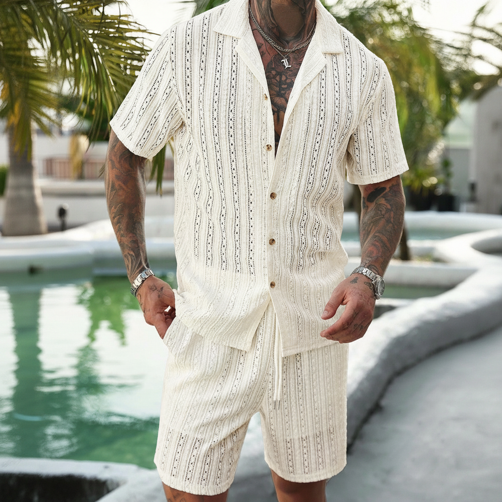 Short Sleeve Shirt And Drawstring Shorts Set For Men