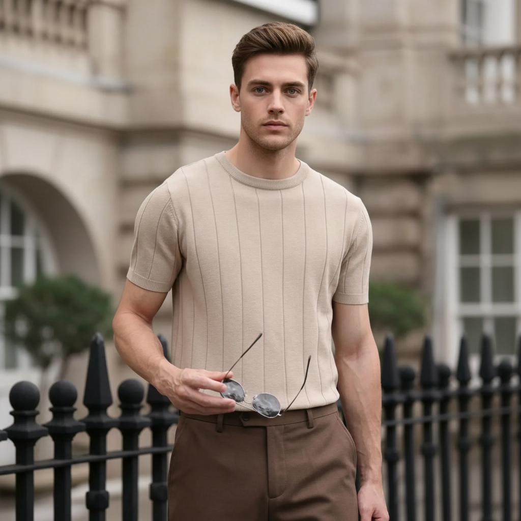 Ribbed Crew Design Short Sleeve Knit Pullover For Men