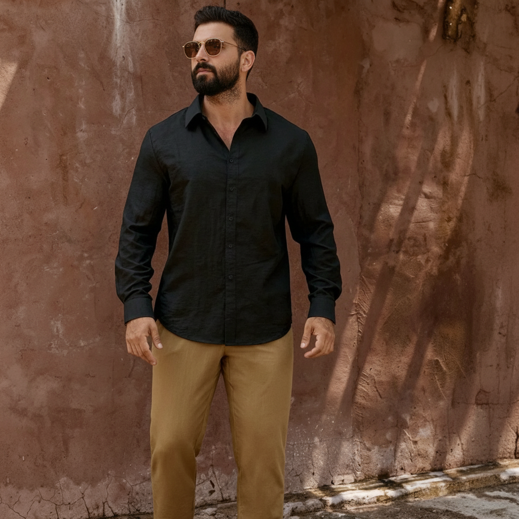 Linen Blend Long Sleeve Button Up Shirt For Men