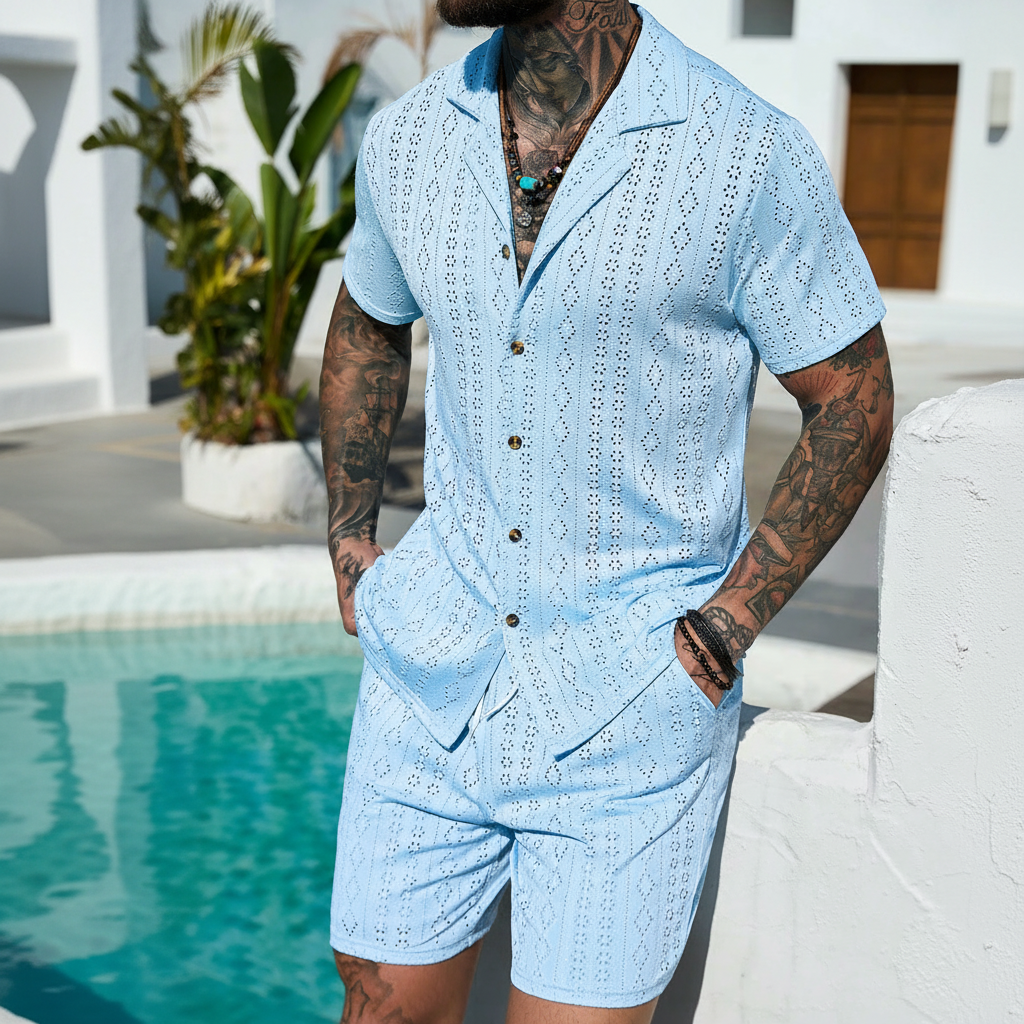 Short Sleeve Shirt And Drawstring Shorts Set For Men