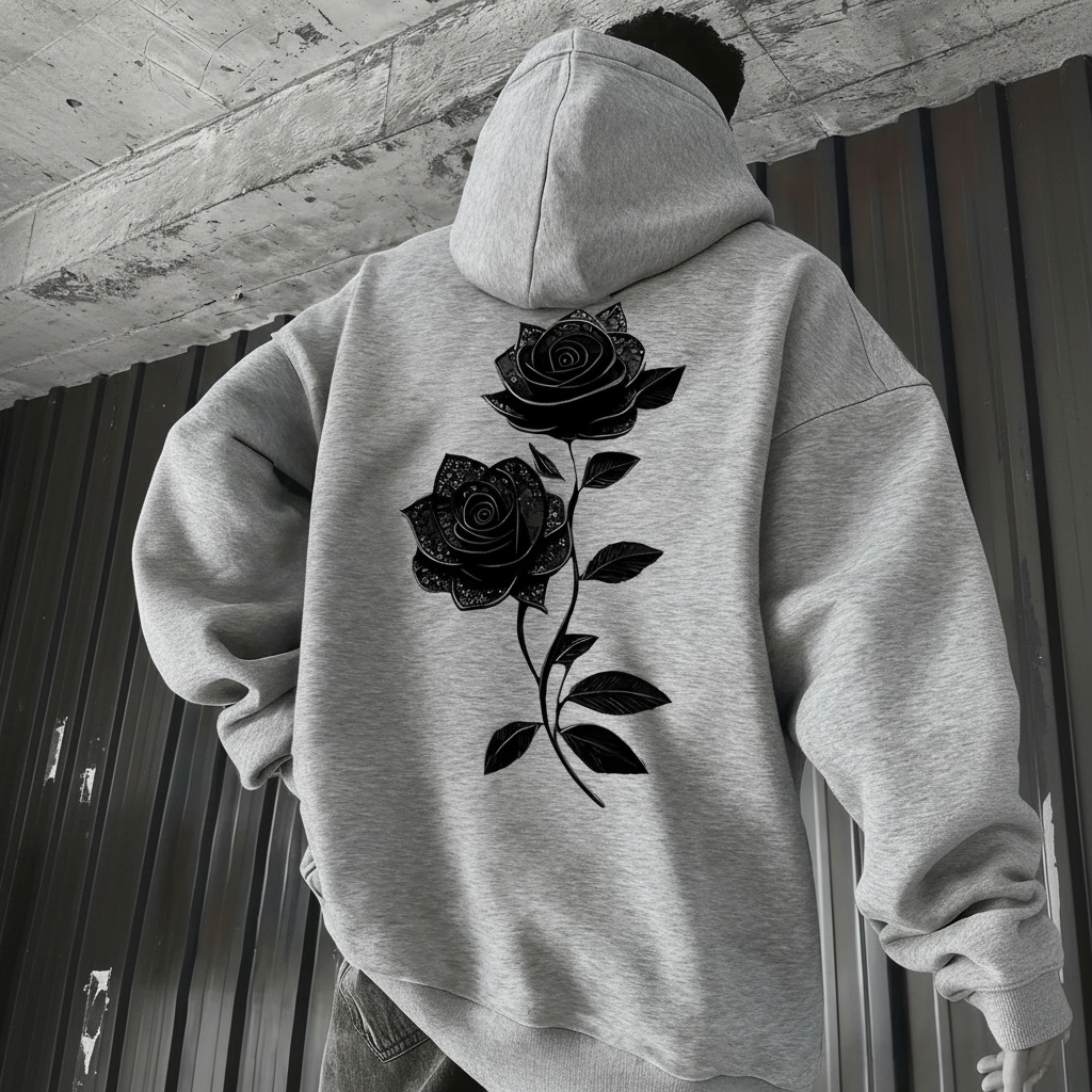 Rose Print Hoodie With Kangaroo Pocket For Men