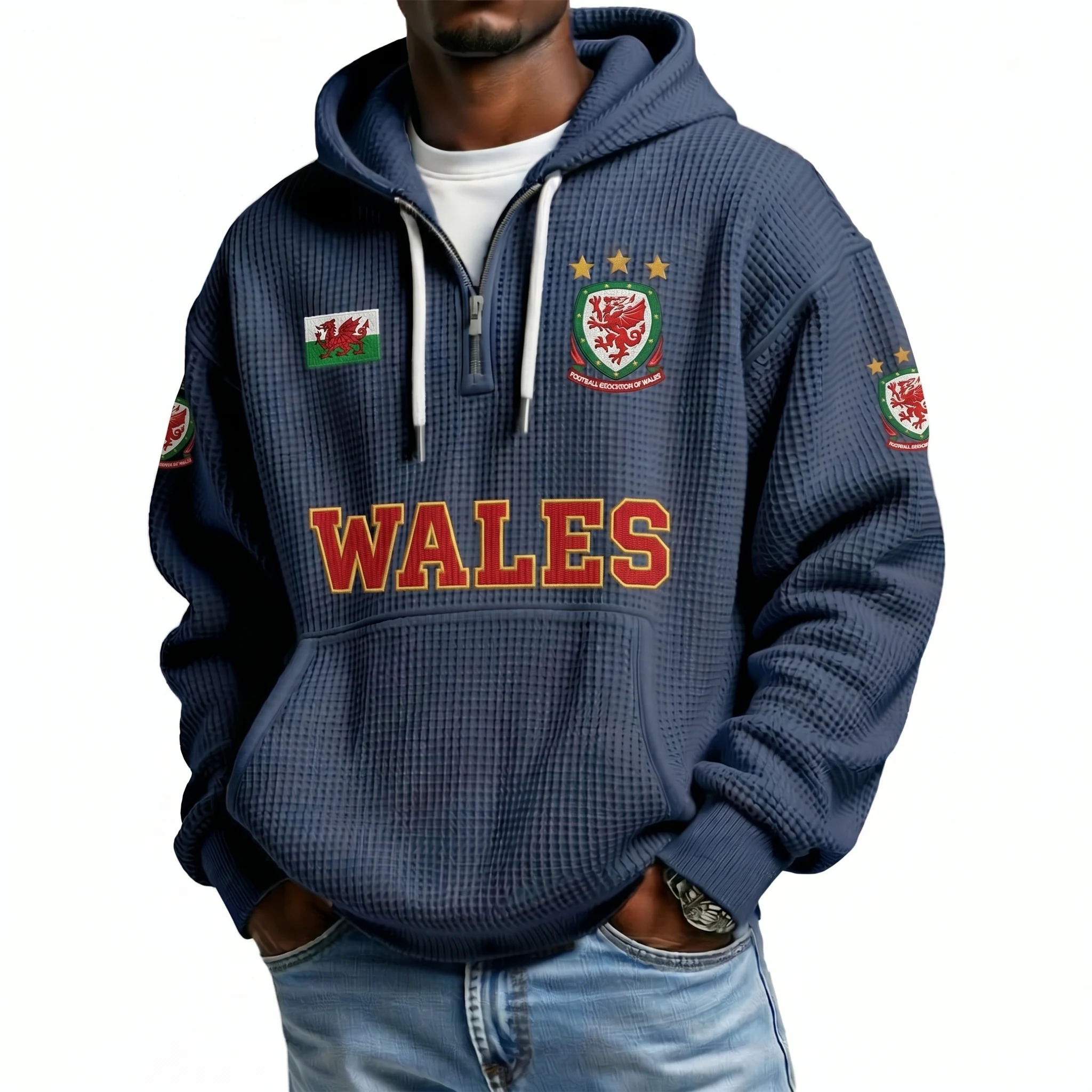 Wales Printed Waffle Quarter Zip Football Fan Hoodie
