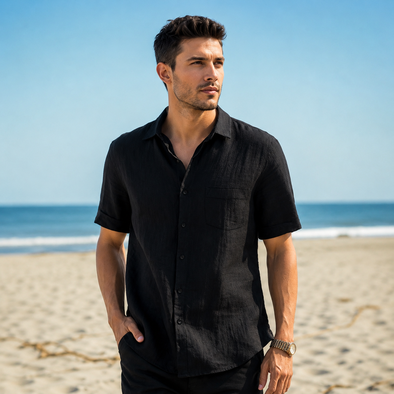 Casual Solid Short Sleeve Beach Shacket Shirt For Men