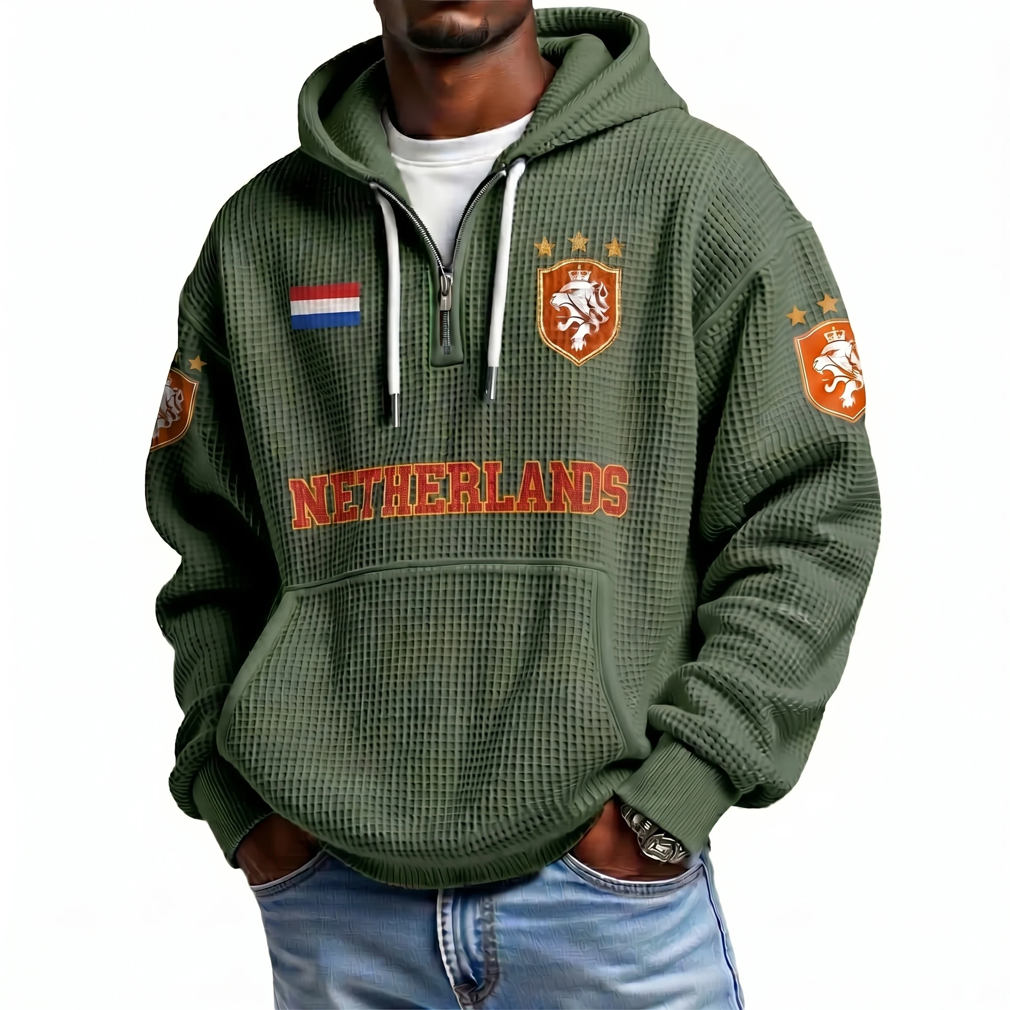 Netherlands Printed Waffle Quarter Zip Football Fan Hoodie