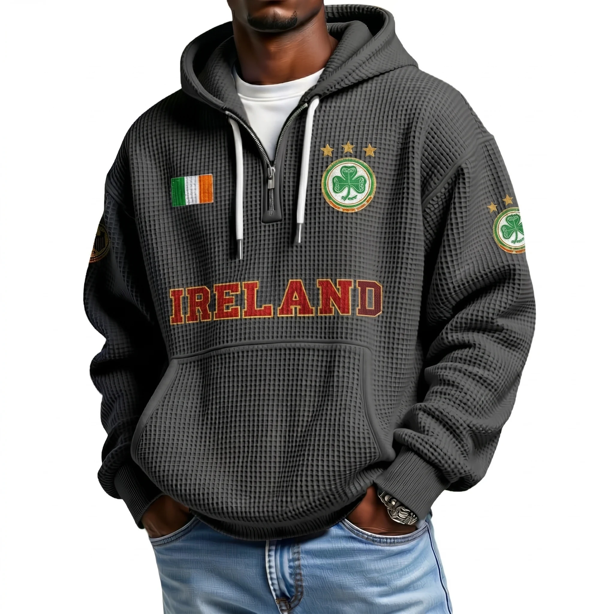 Ireland Printed Waffle Quarter Zip Football Fan Hoodie