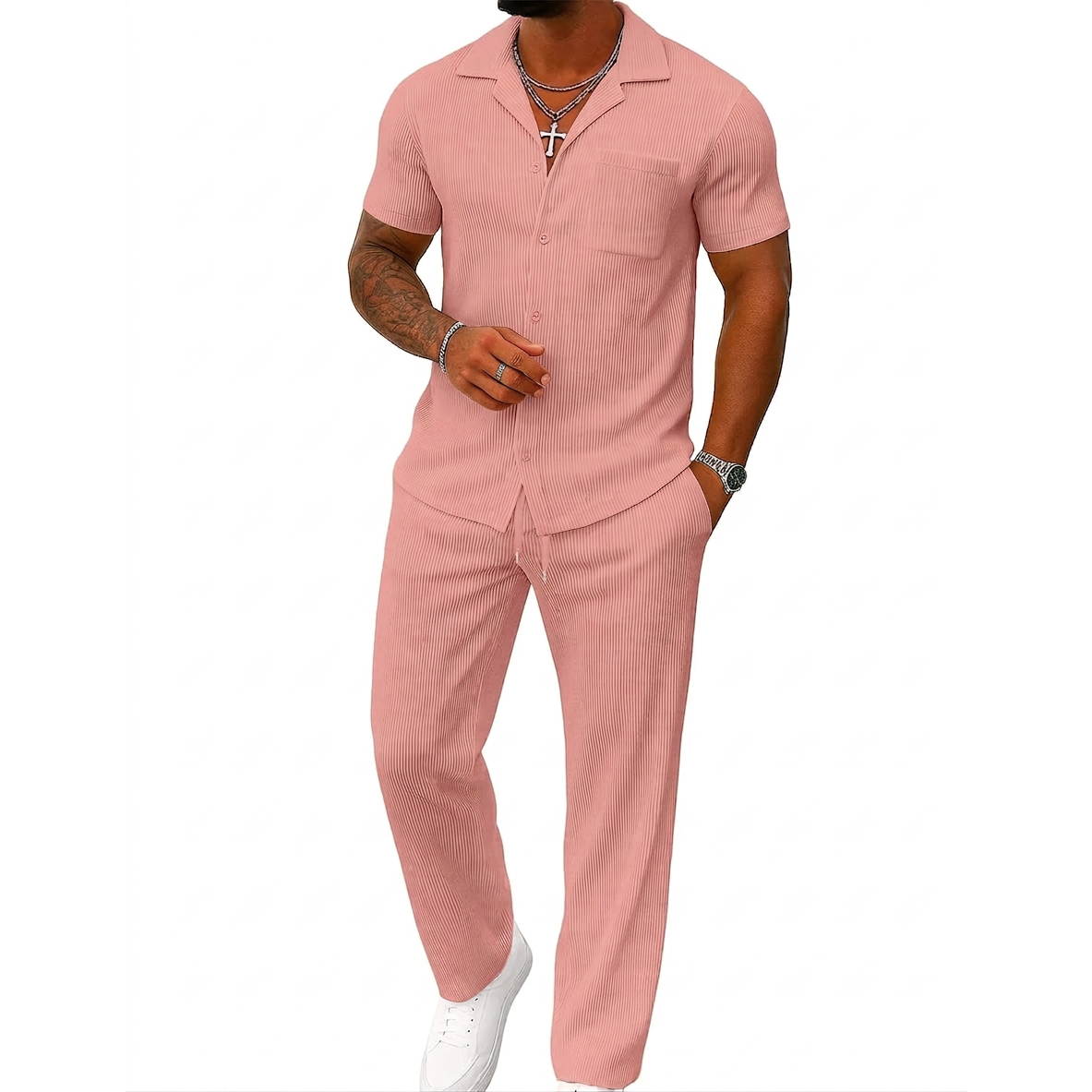 Casual Summer Short Sleeve Shirt With Pant Set For Men