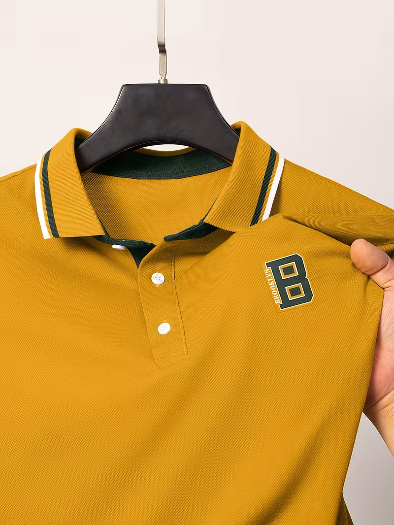 mens short sleeve   shirt with contrast striped collar summer casual top yellowish brown 2