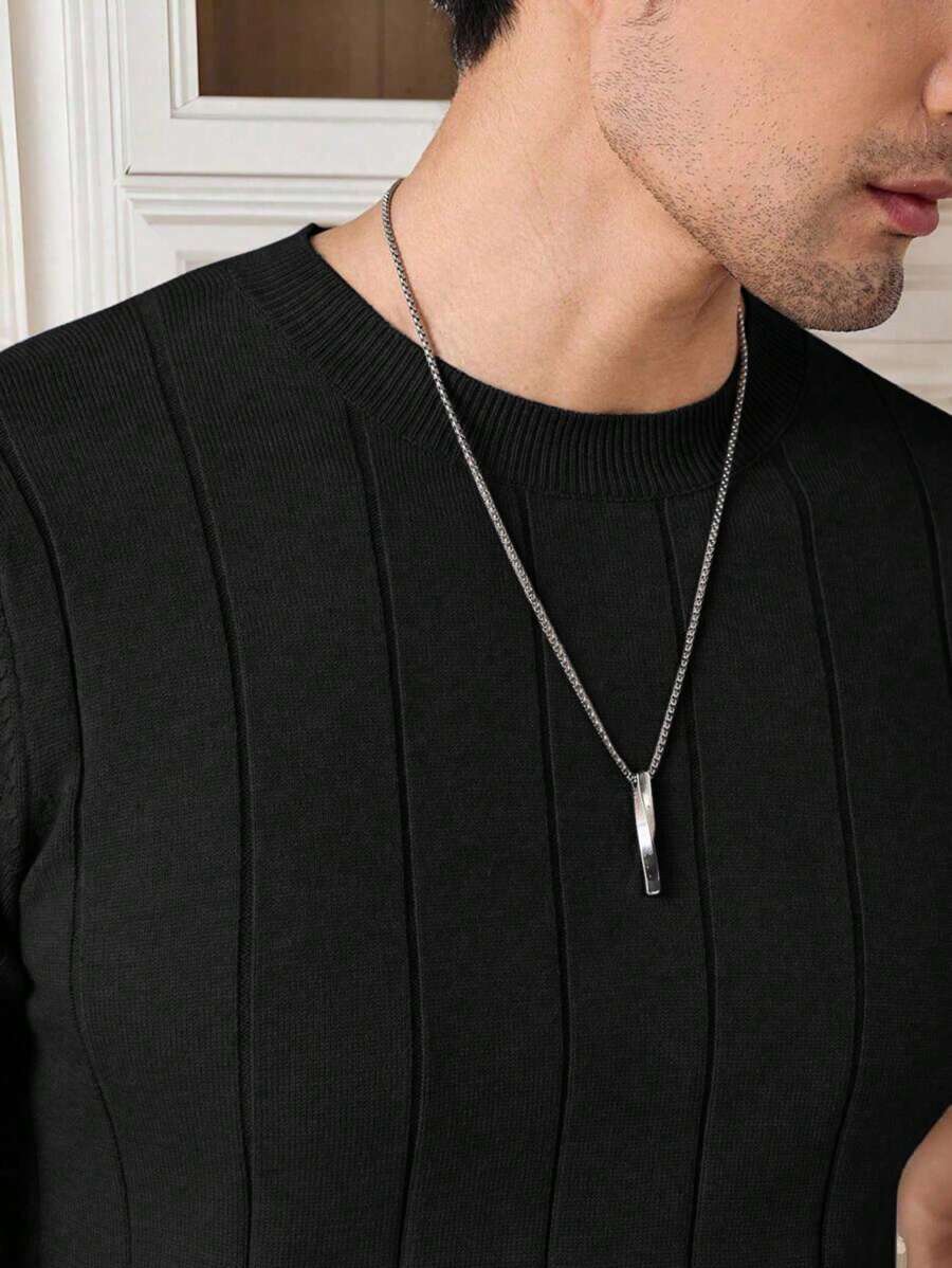 ALTZTAR Men's Solid Color Short Sleeve Knit Vertical Striped Crew Neck Top - Black - View 6