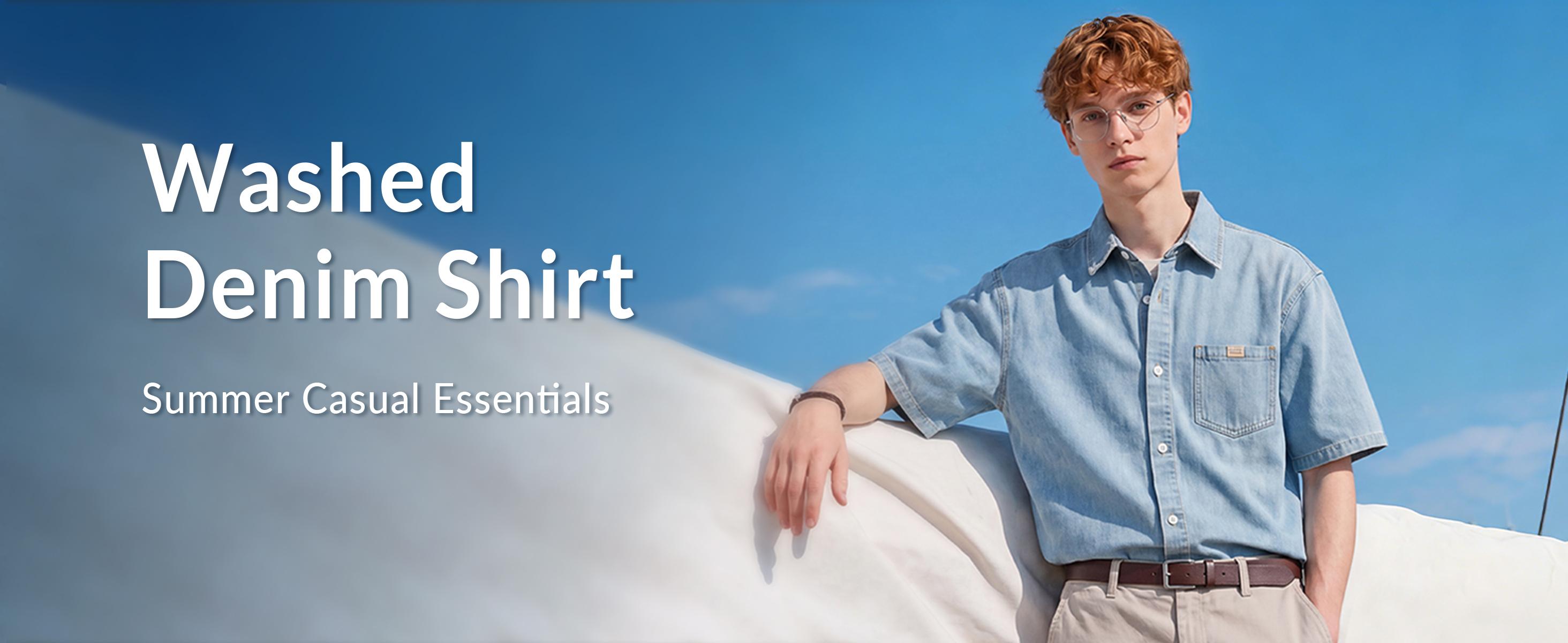 Men's Vintage Light-Wash Cotton Denim Shirt, Relaxed Fit Short-Sleeve Button-Down Casual Streetwear Top, Plain Mens Clothes