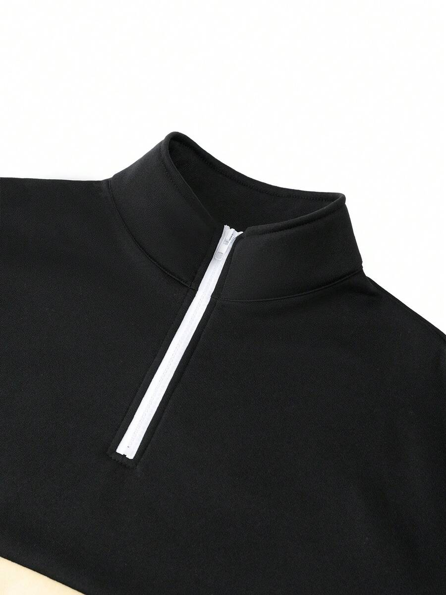 Men's Casual Fashionable Versatile Contrast Color Collegiate Style Comfortable Half-Zip Long Sleeve Sweatshirt, Autumn/Winter - Black - View 3