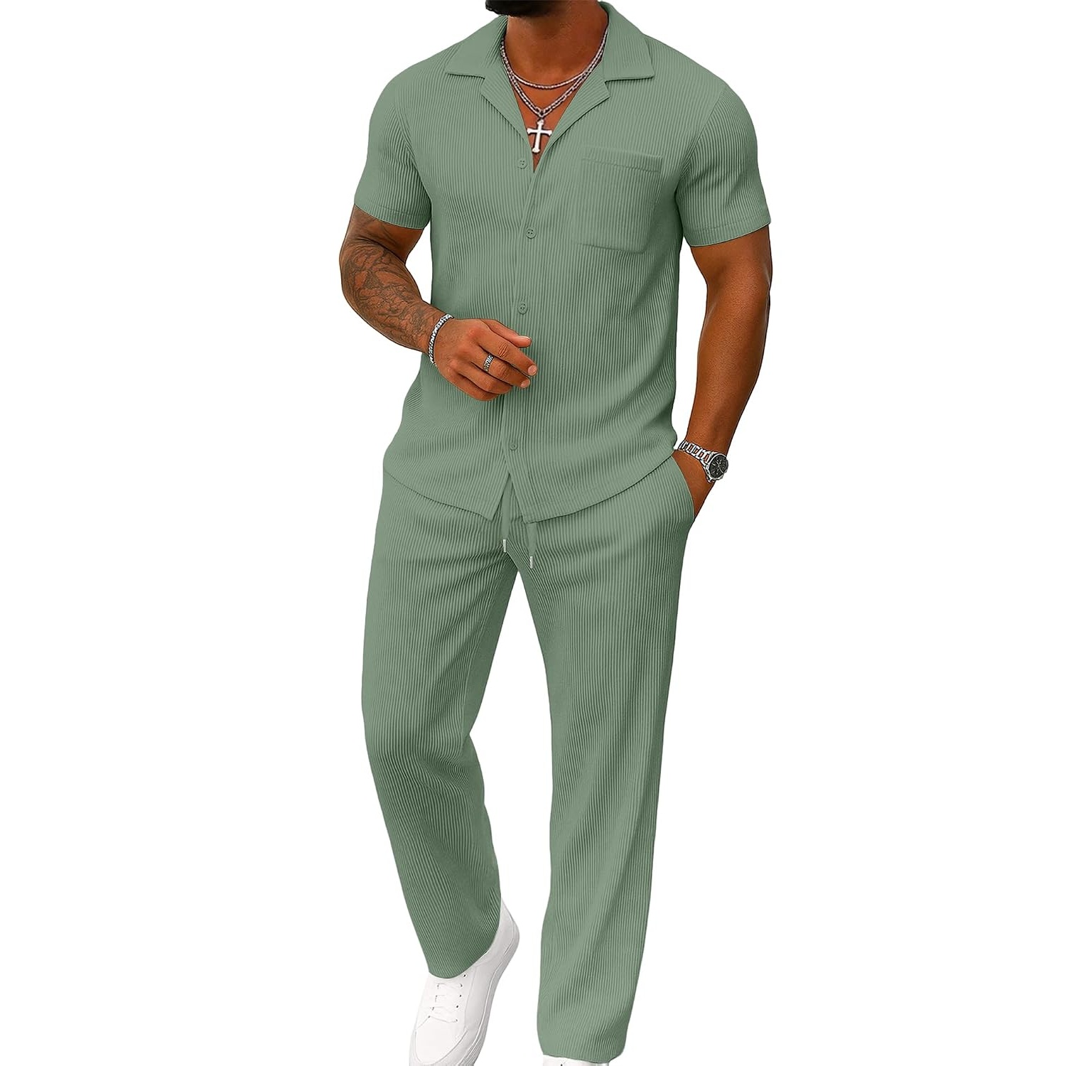 Casual Summer Short Sleeve Shirt With Pant Set For Men