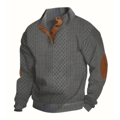 Textured Henley Long Sleeve Button Up Sweater With Stand Collar For Men