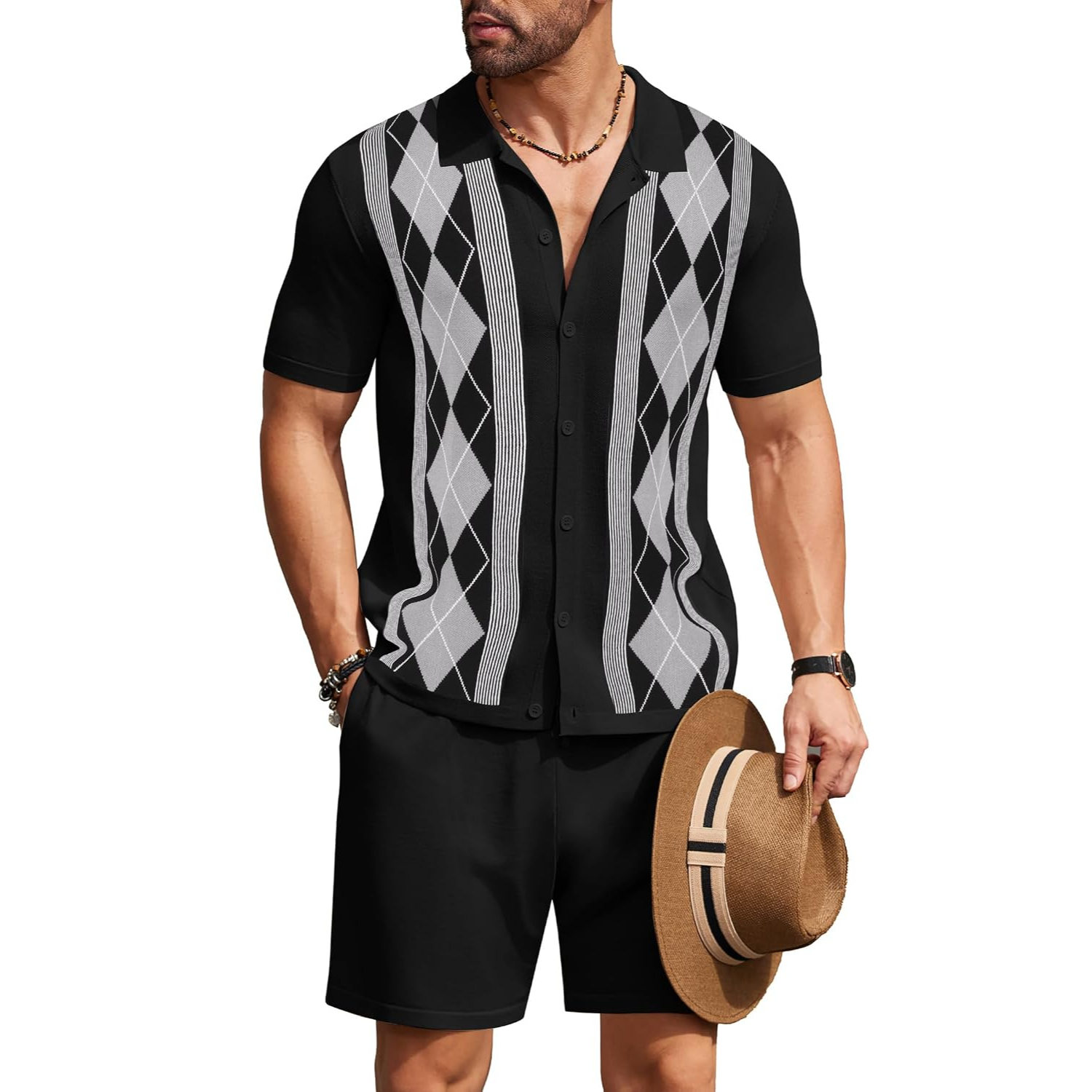 2 Pieces Short Sleeve Button Down Knit Polo Shirts And Short Set For Men