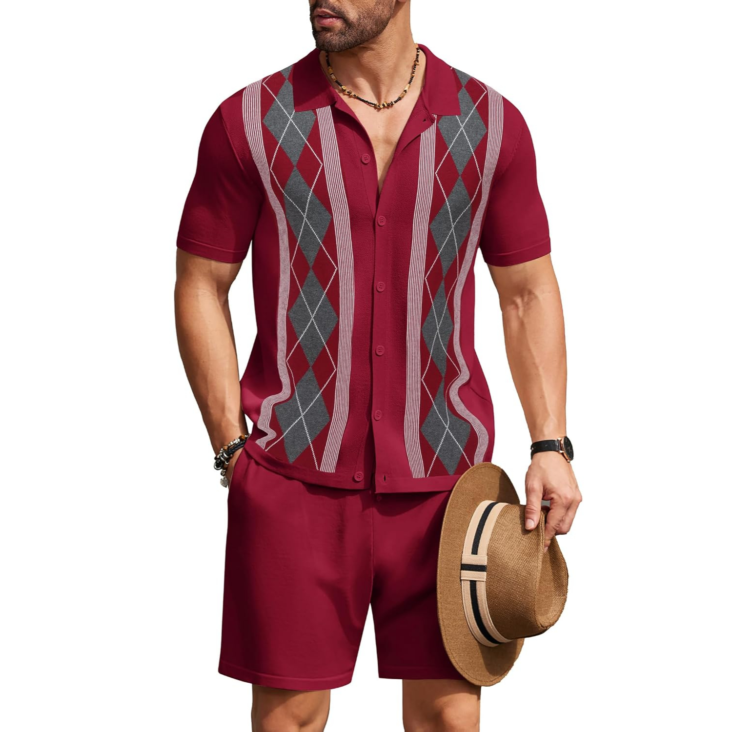 2 Pieces Short Sleeve Button Down Knit Polo Shirts And Short Set For Men