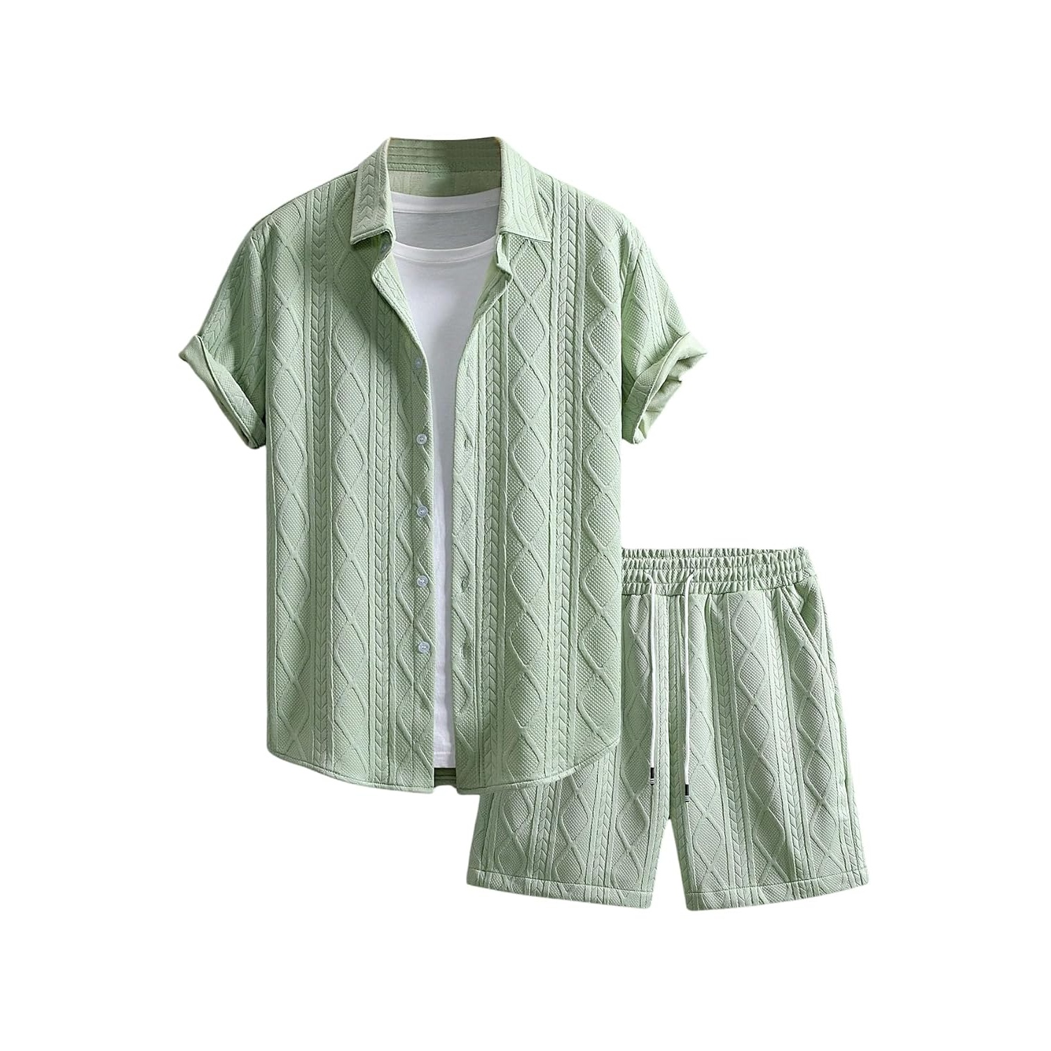 Waffle Knit Button Down Shirt and Shorts Set For Men