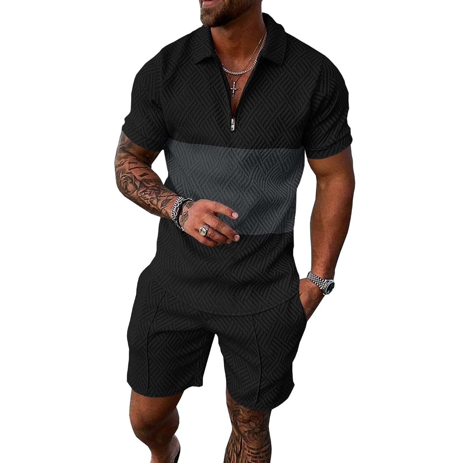 Summer Track Short Sleeve Suit Set With Zip For Men