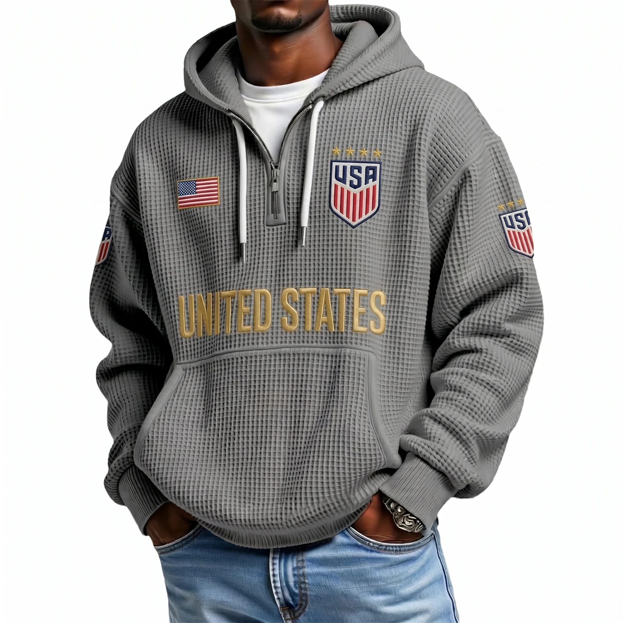 United States Printed Waffle Quarter Zip Football Fan Hoodie