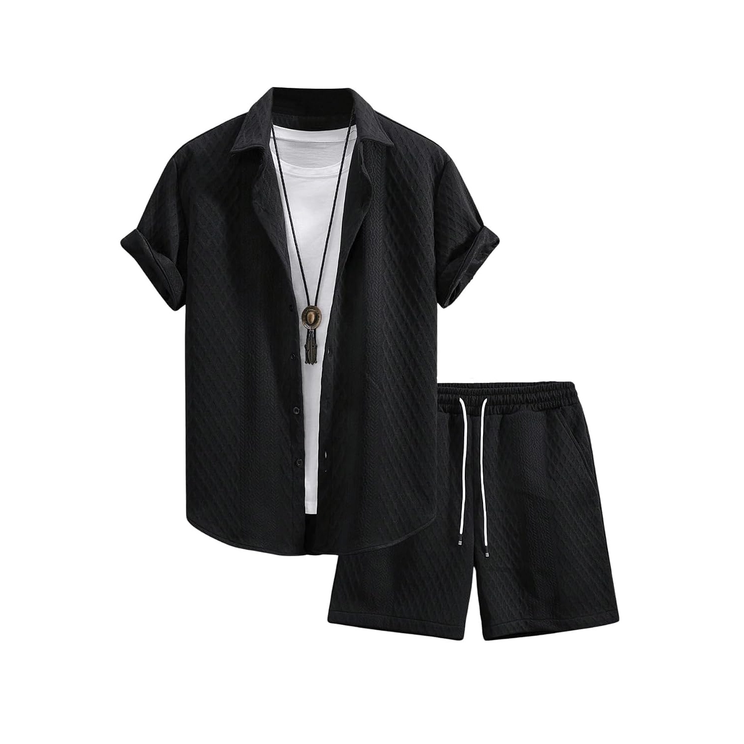 Waffle Knit Button Down Shirt and Shorts Set For Men