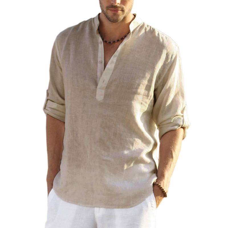 Casual Stand Collar Long Roll Up Sleeve Button Down Shirt For Men