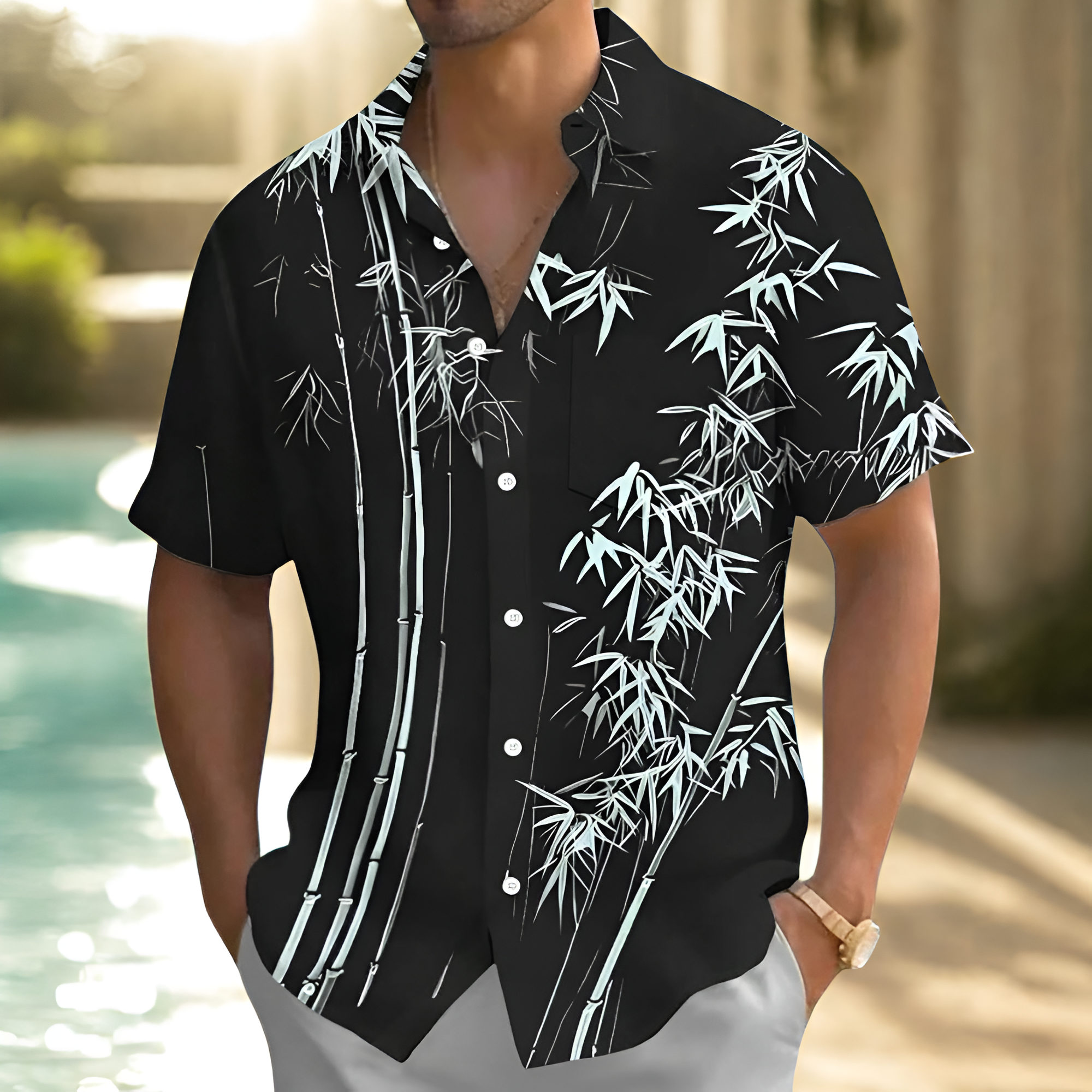Hawaiian Bamboo Leaf Print Button Down Shirt For Men