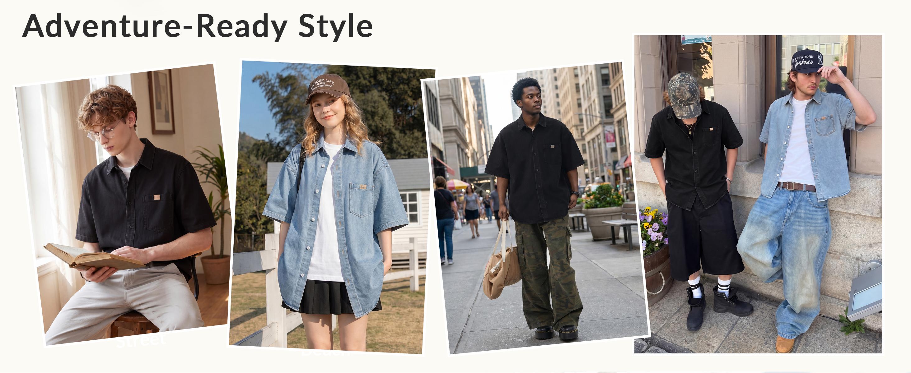 Men's Vintage Light-Wash Cotton Denim Shirt, Relaxed Fit Short-Sleeve Button-Down Casual Streetwear Top, Plain Mens Clothes