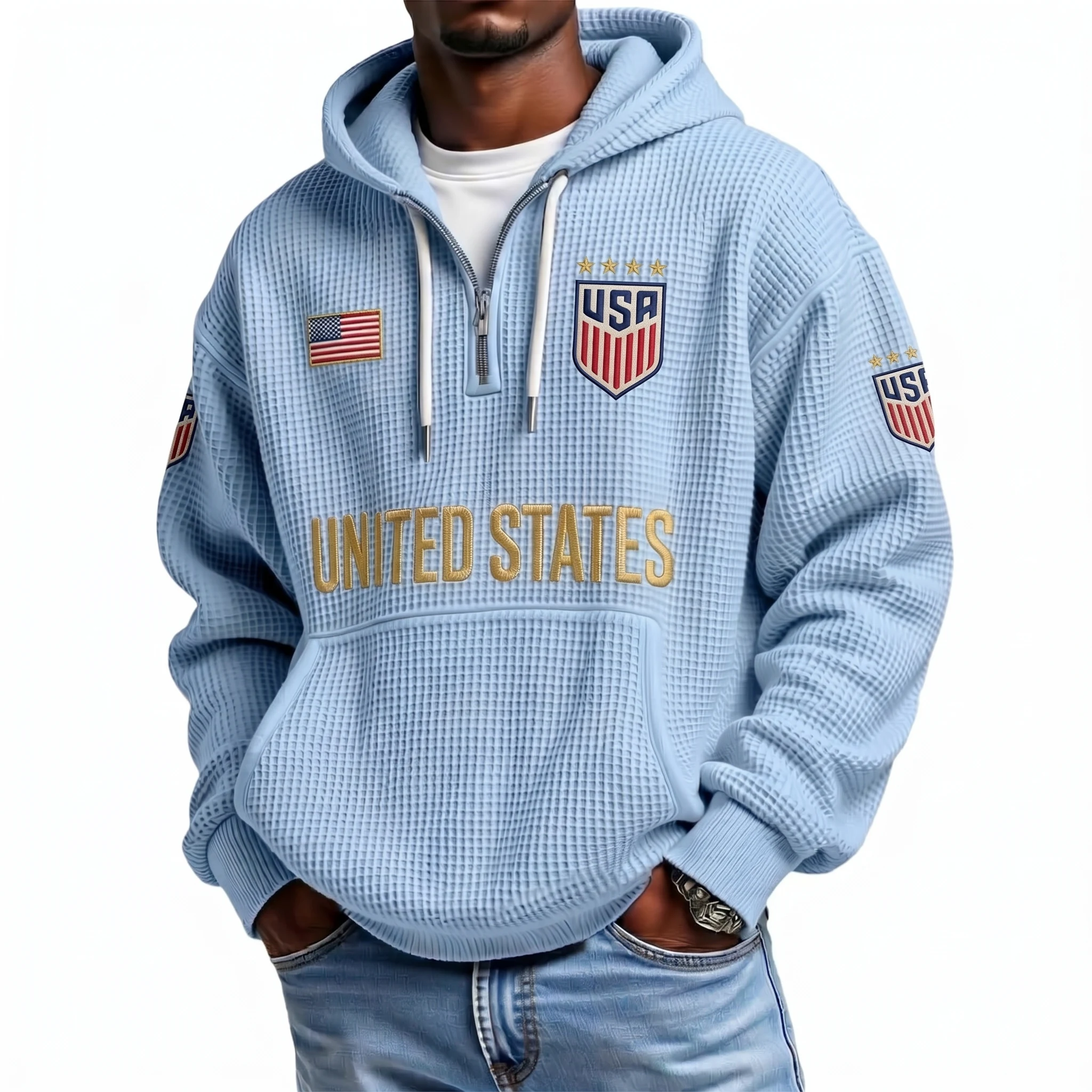 United States Printed Waffle Quarter Zip Football Fan Hoodie