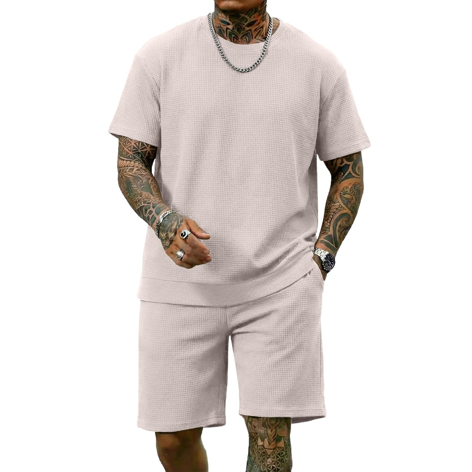 2 Pieces Casual Waffle Short Sleeve Shirt and Short Lounge Set