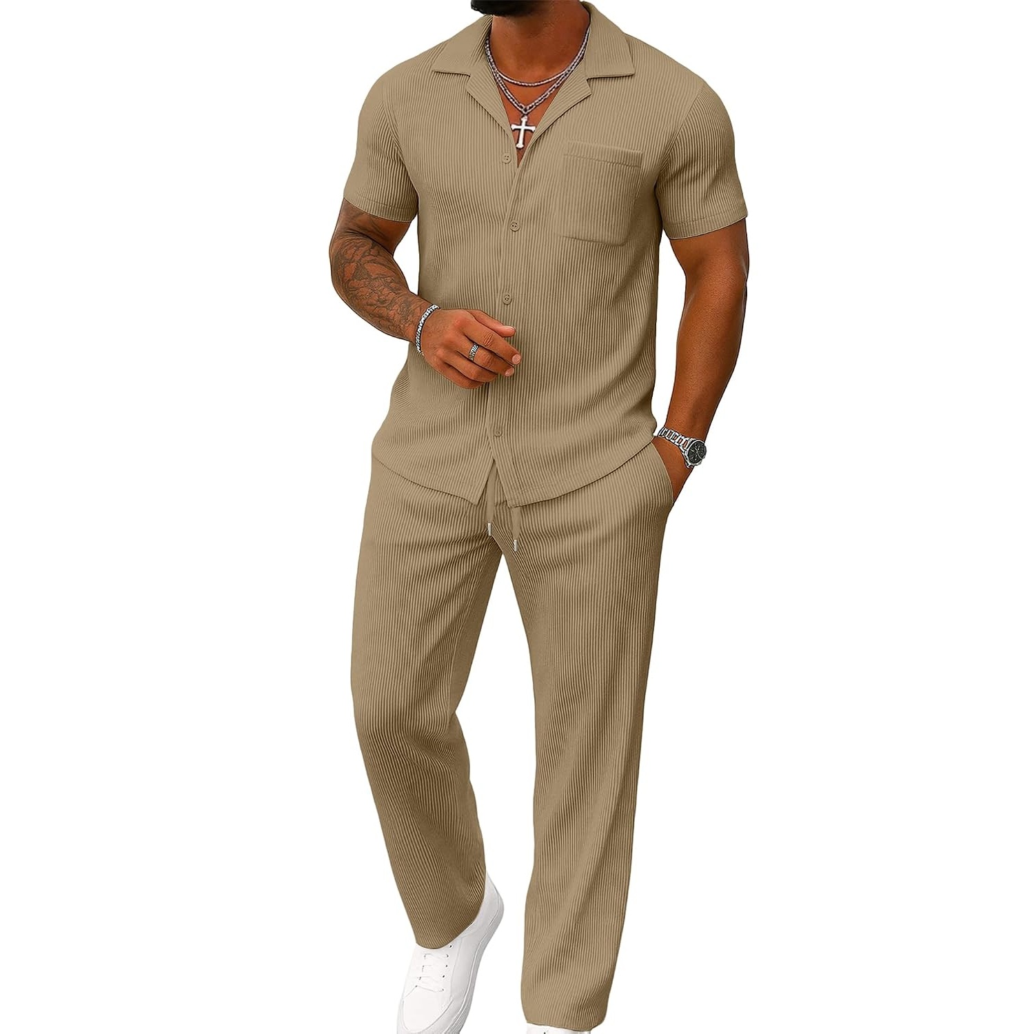 Casual Summer Short Sleeve Shirt With Pant Set For Men