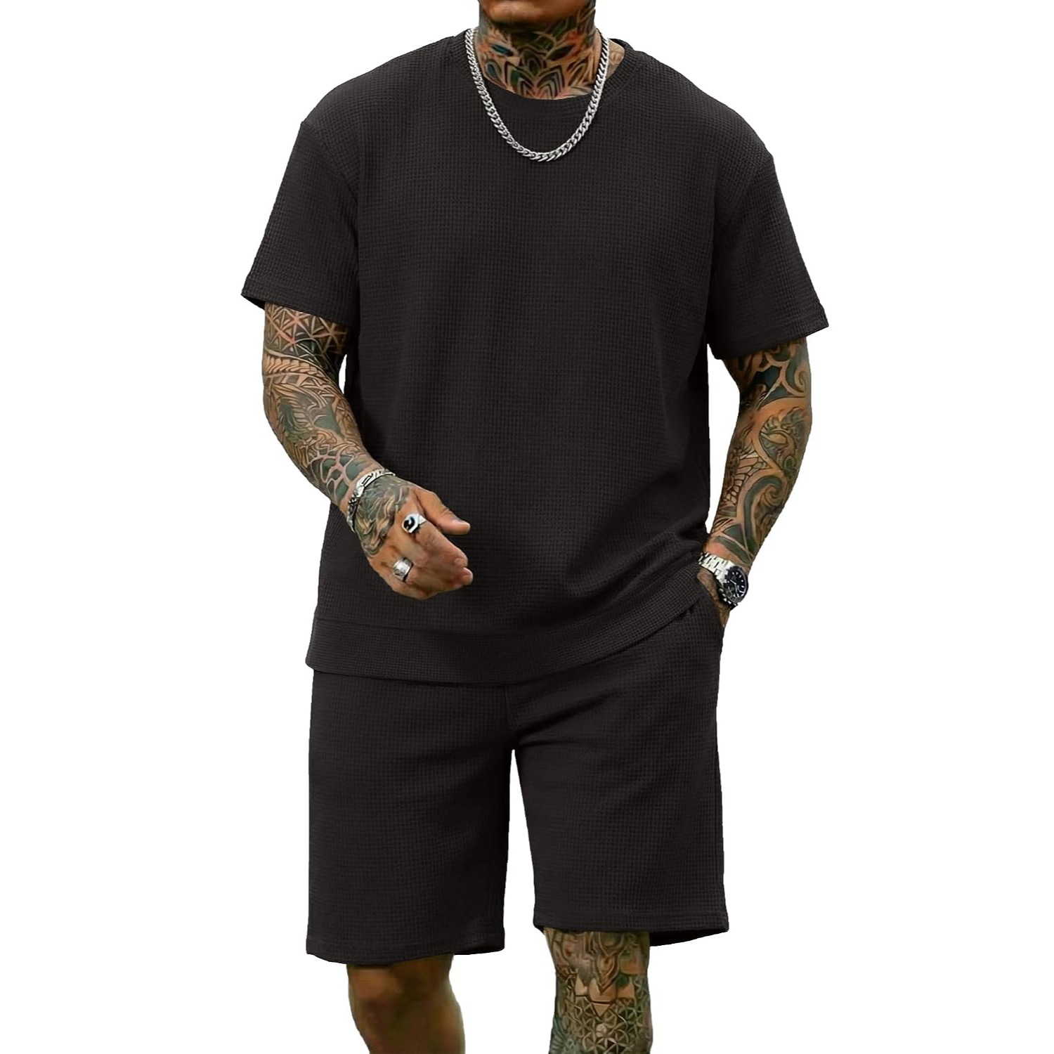 2 Pieces Casual Waffle Short Sleeve Shirt and Short Lounge Set