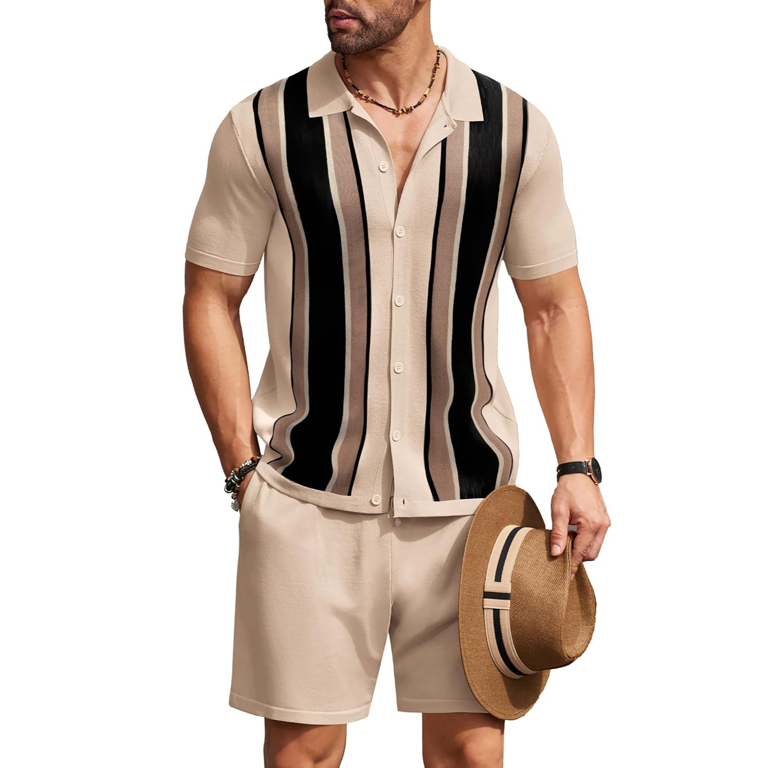 2 Pieces Short Sleeve Button Down Knit Polo Shirts And Short Set For Men
