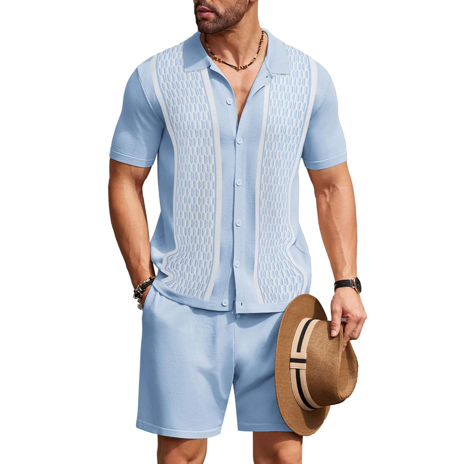 2 Pieces Short Sleeve Button Down Knit Polo Shirts And Short Set For Men
