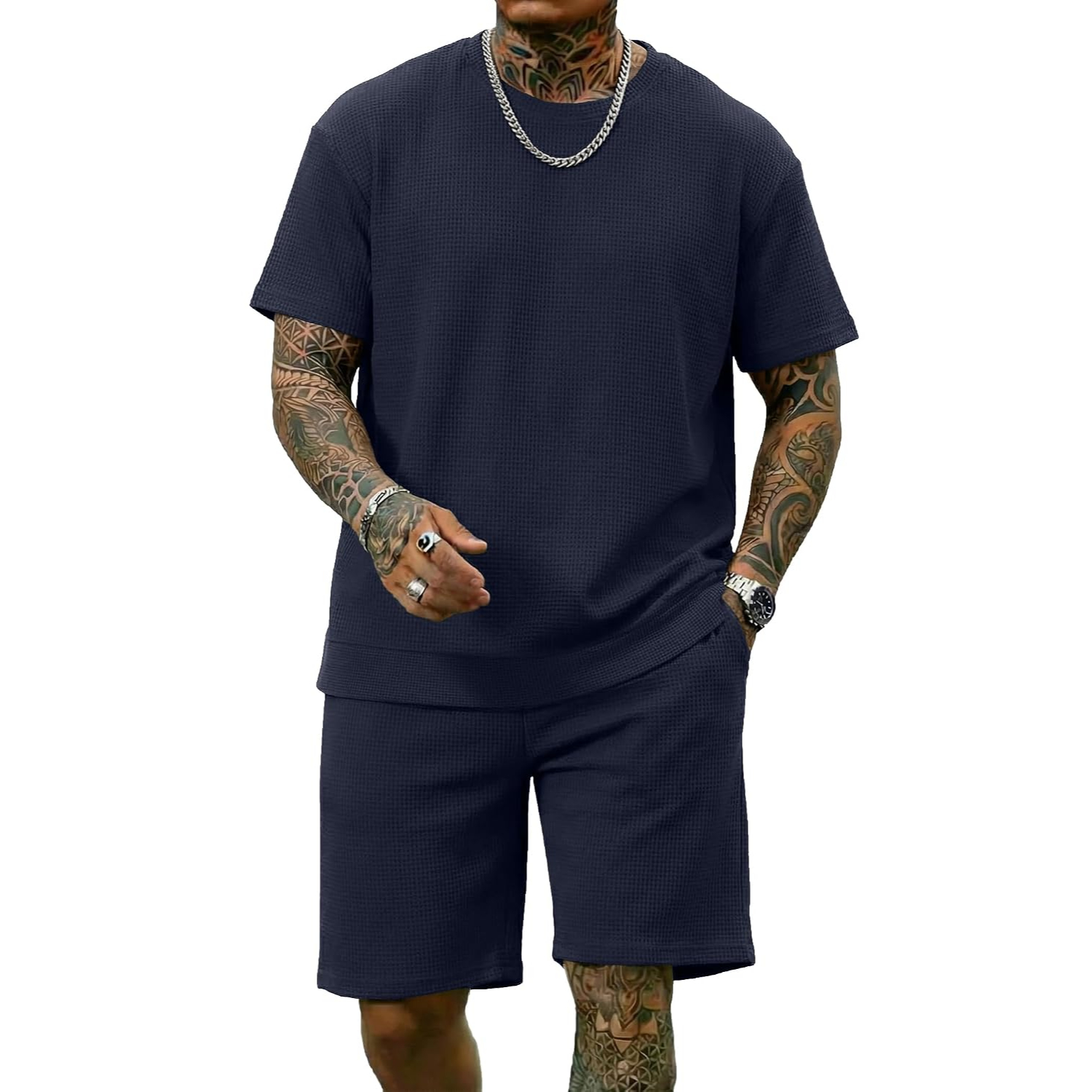 2 Pieces Casual Waffle Short Sleeve Shirt and Short Lounge Set