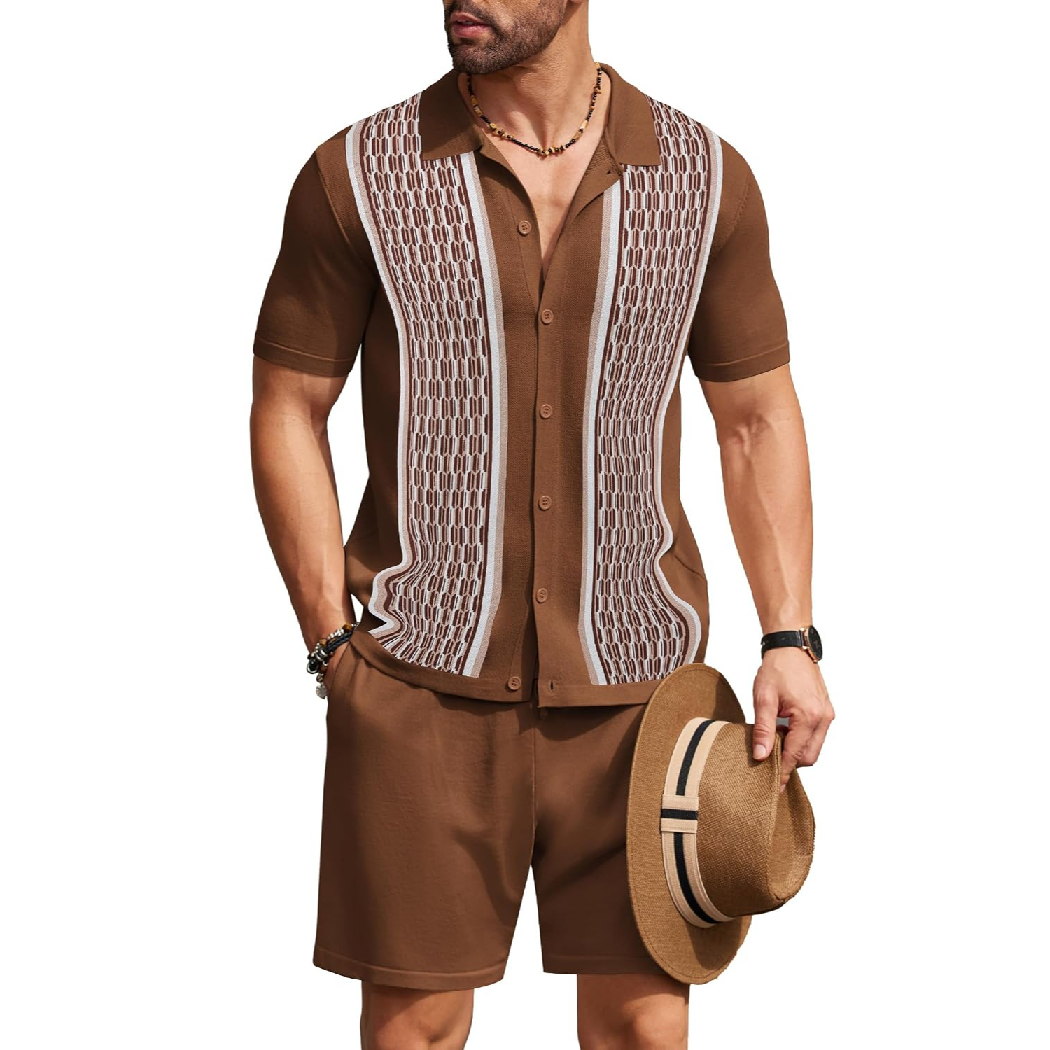 2 Pieces Short Sleeve Button Down Knit Polo Shirts And Short Set For Men