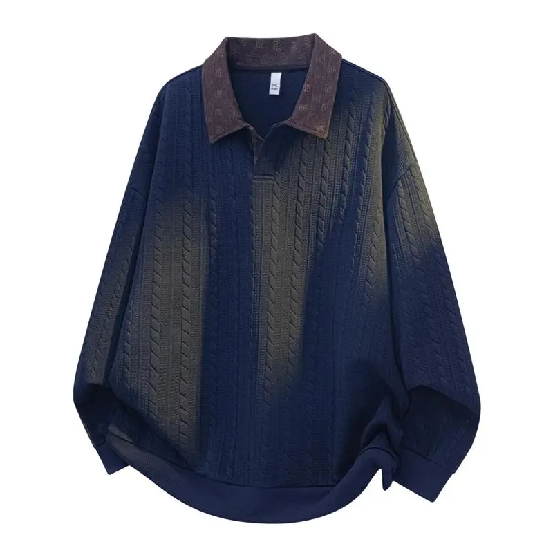 Pack of 2 Cable Knit Long Sleeve Polo Pullover T Shirt with Contrast Collar for Men