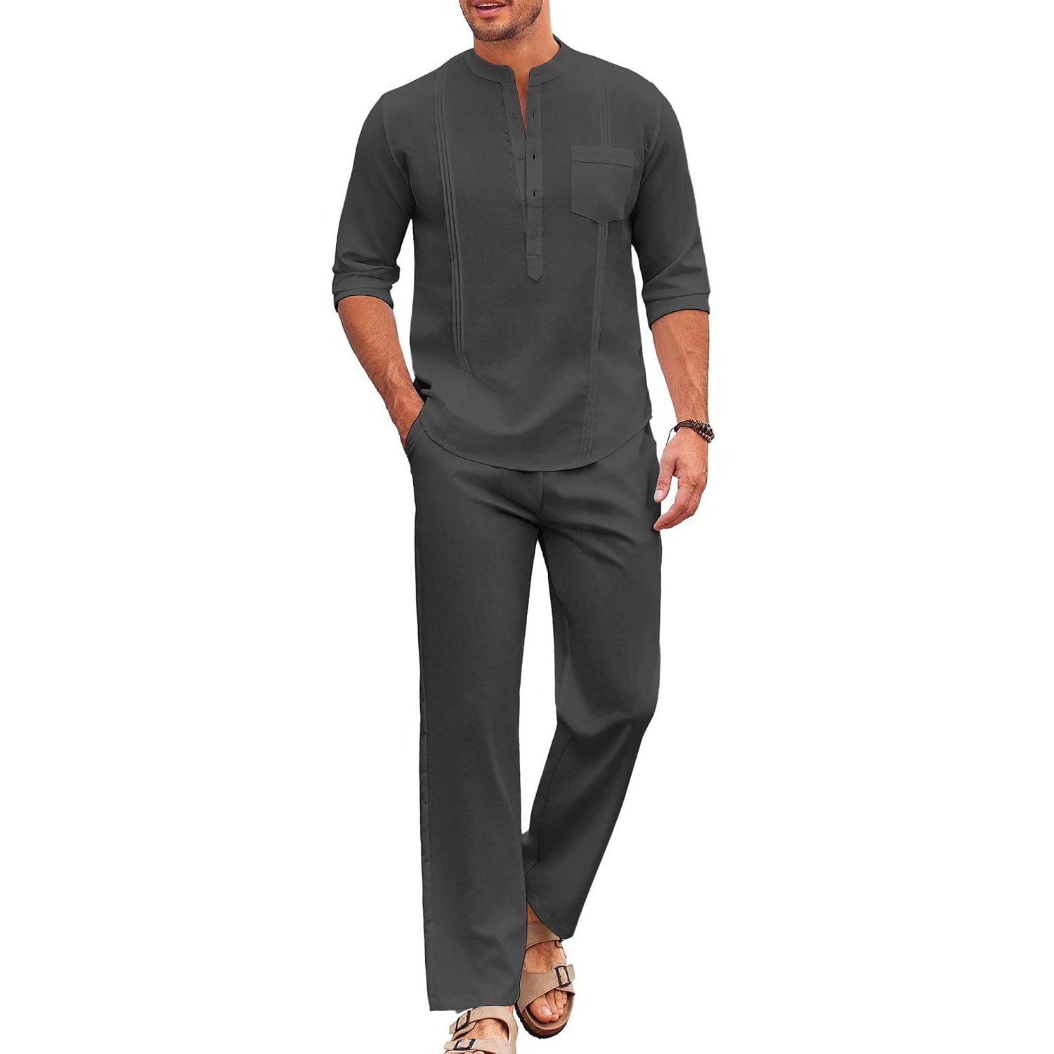 Casual Long Sleeve Loose Beach Shirt And Pant Set For Men