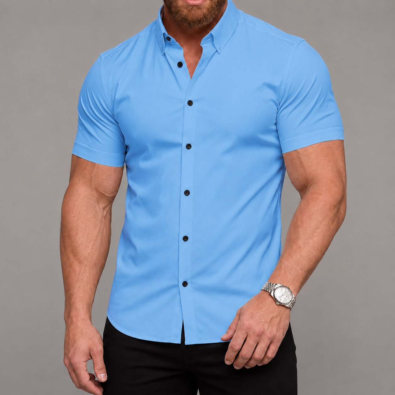 Short Sleeve Lapel Shirt With Button Detail With Non Iron Finish For Men