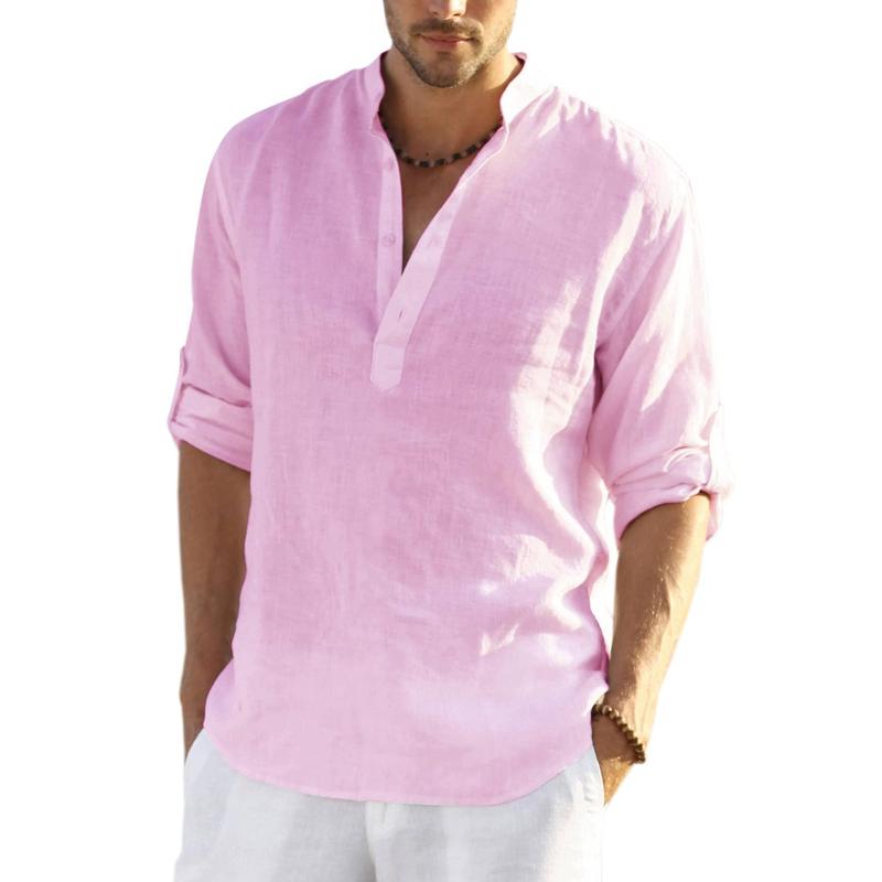 Casual Stand Collar Long Roll Up Sleeve Button Down Shirt For Men