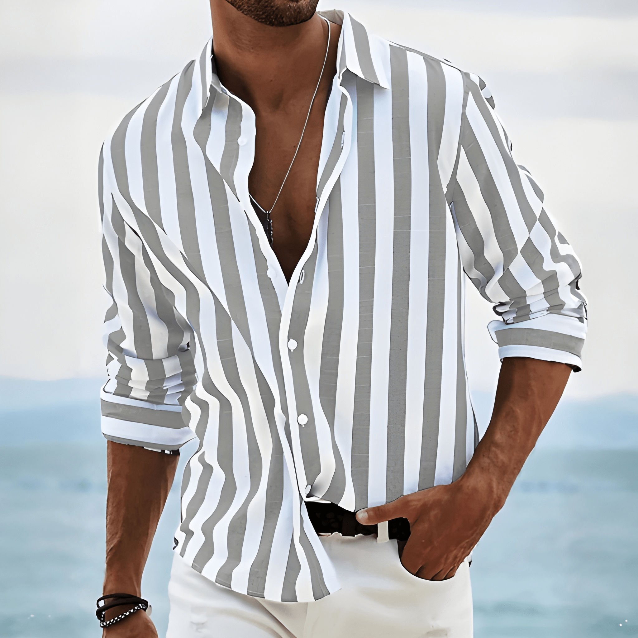 Striped Stand Collar Casual Shirt for Men