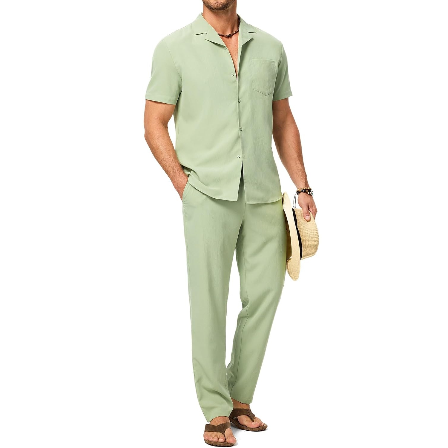 Casual Beach Short Sleeve Shirt And Pant Set For Men