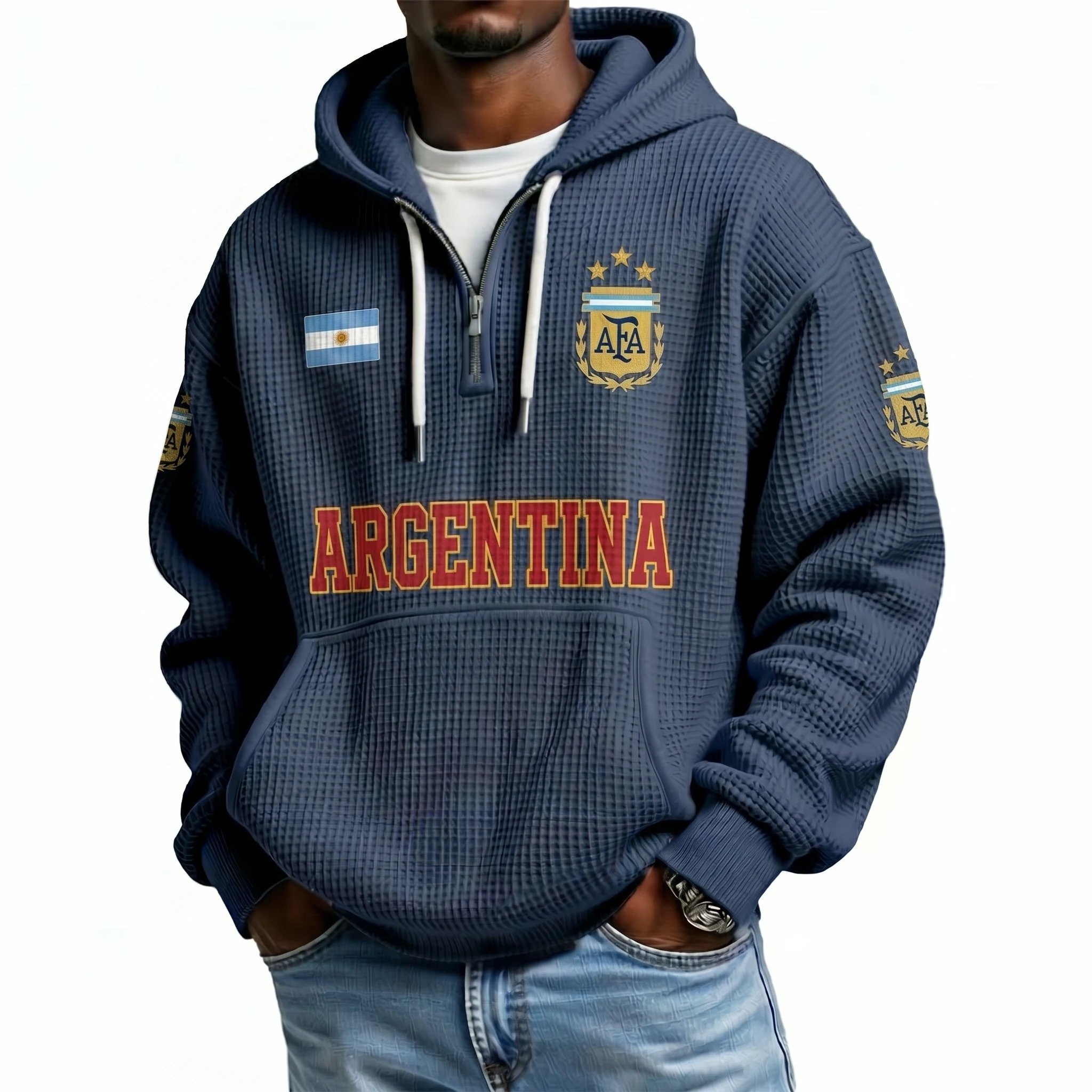 Argentina Printed Waffle Quarter Zip Football Fan Hoodie