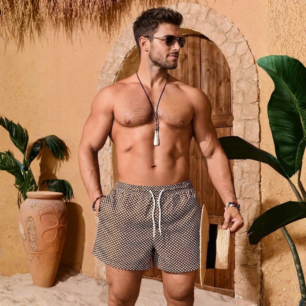 Plaid Print Dual Layer Drawstring Beach Shorts For Men