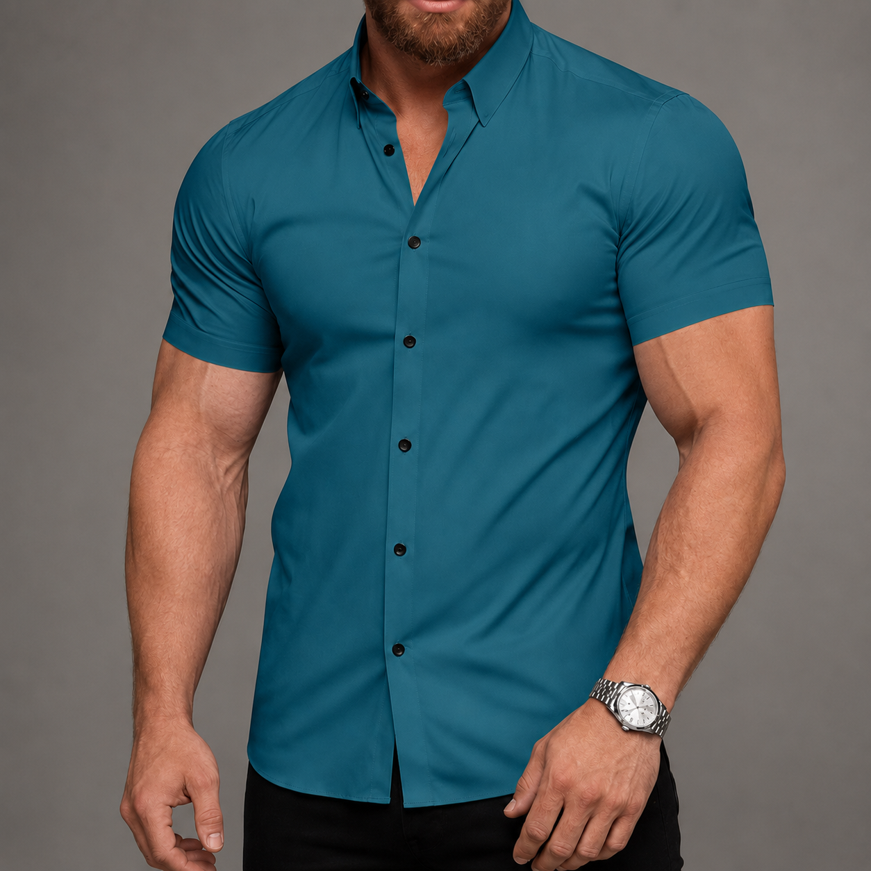 Short Sleeve Lapel Shirt With Button Detail With Non Iron Finish For Men